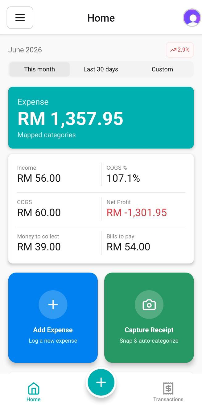 NiagaKira home screen showing the month's income, expenses, cost of goods and net profit